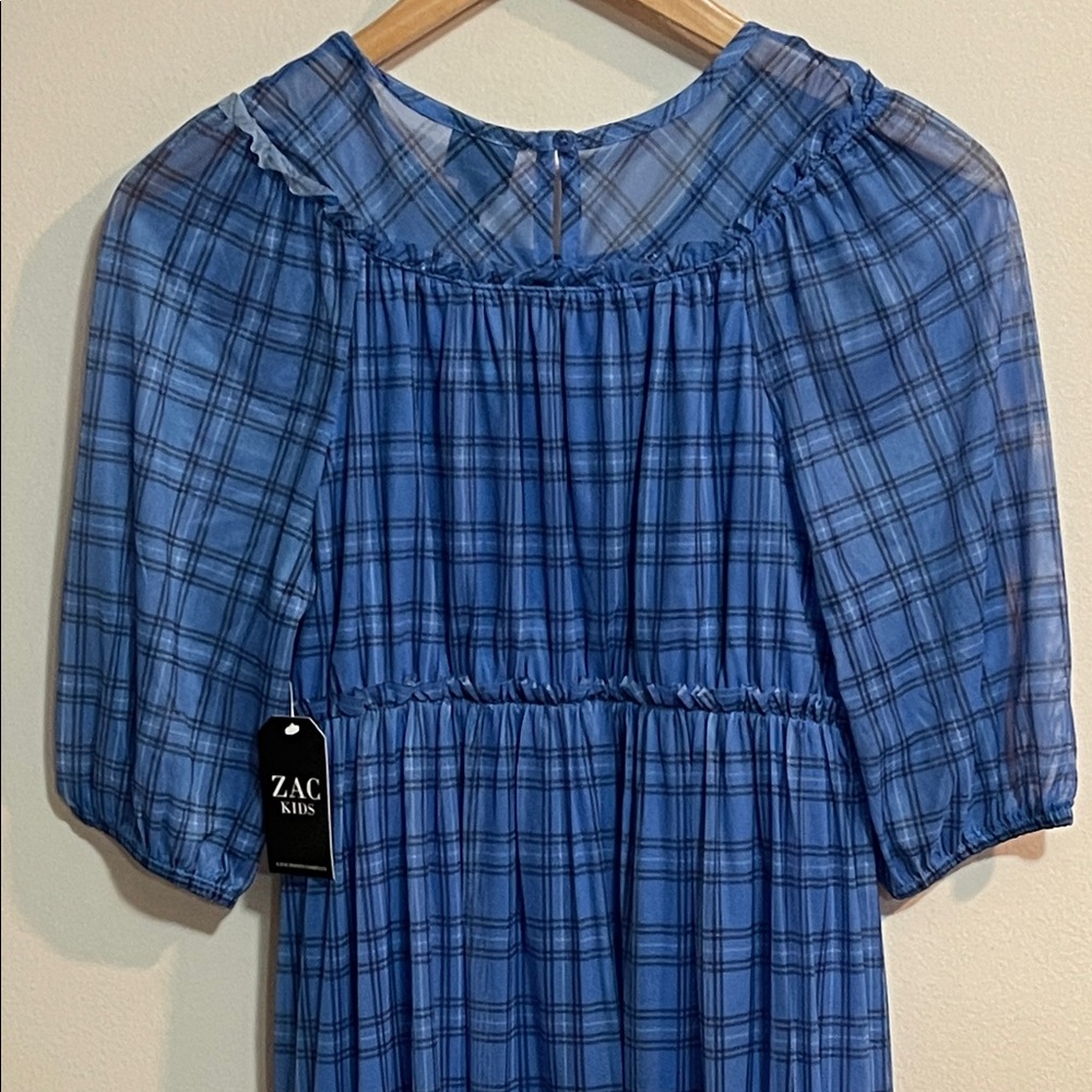 Zac Kids Blue Plaid Tiered Smocked Dress SZ XL 14-16 - Picture 5 of 5
